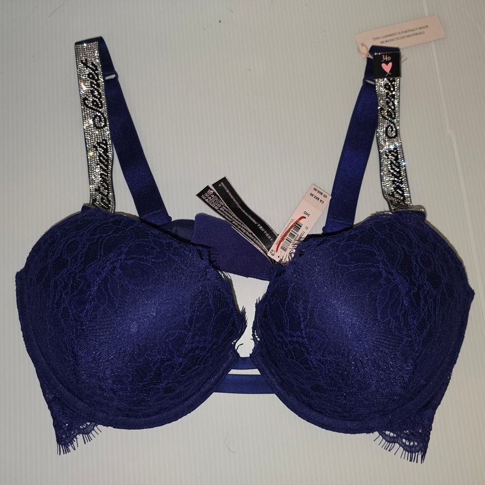Victoria's Secret Push-Up Bra 34D Navy Blue New 11208007 Lacy